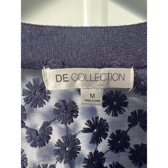 DE Collection Embroidered Mesh Cardigan Sweater Size M Open Front Navy Cozy Knit - Picture 3 of 6